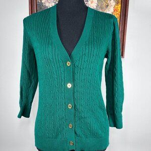 Chaps Button Up Light Knit Sweater Women Small V-neck Green-ish Blue 3/4 Sleeve
